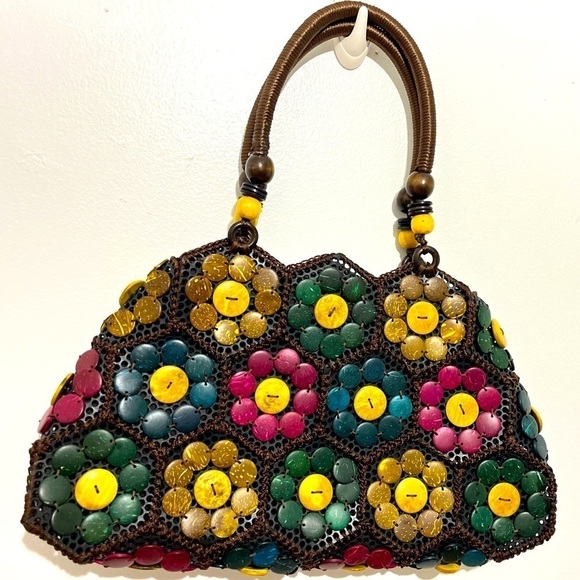 Handcrafted vintage bag coconut shell brown knit colorful bead floral boho Fall - Picture 3 of 11